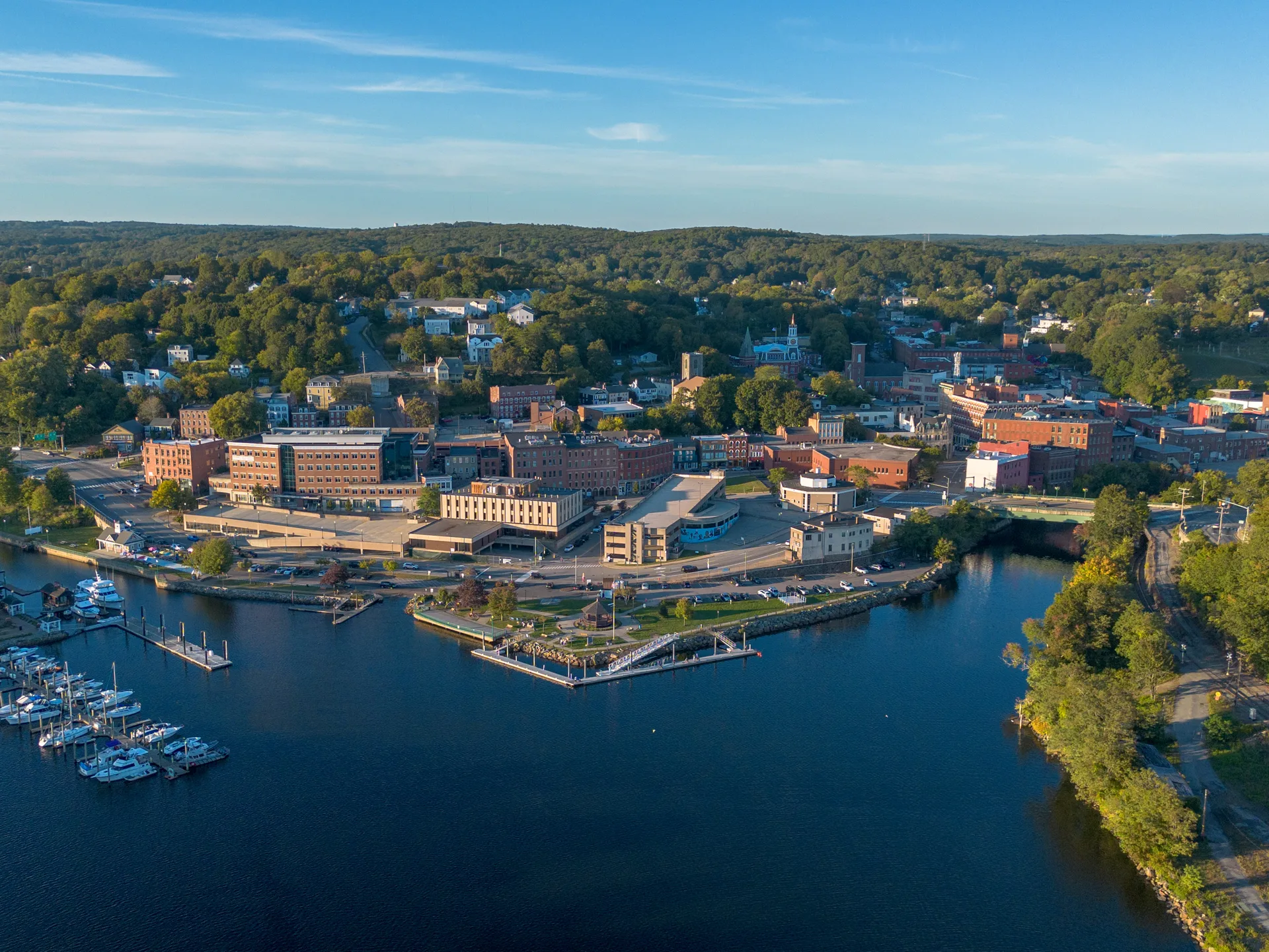 Downtown Norwich and the harbor at the meeting of the Yantic and Shetucket rivers